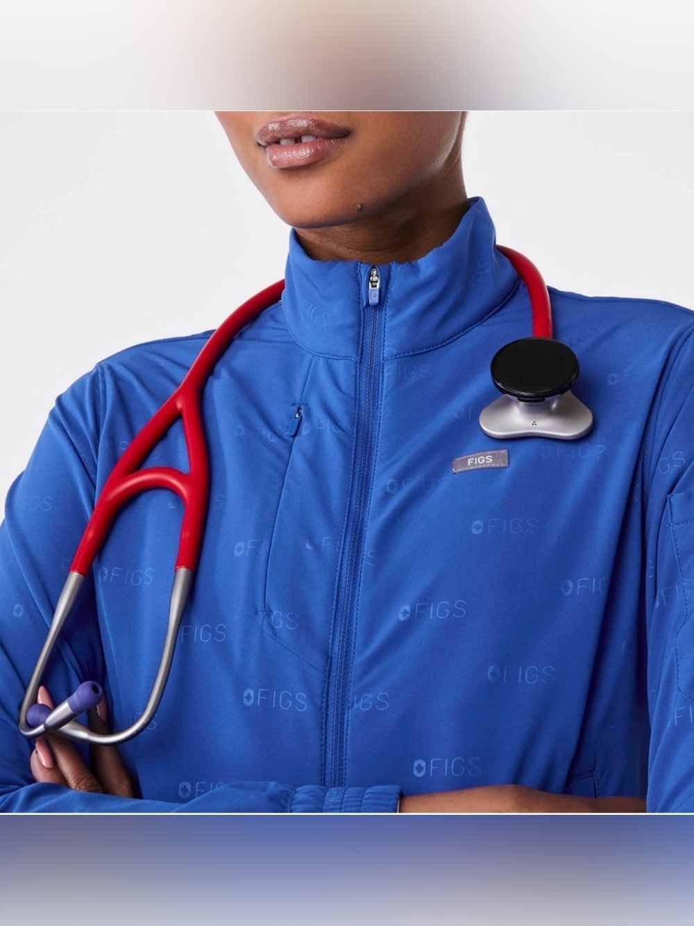 Figs Madison Embossed Scrub Jacket in Winning Blue